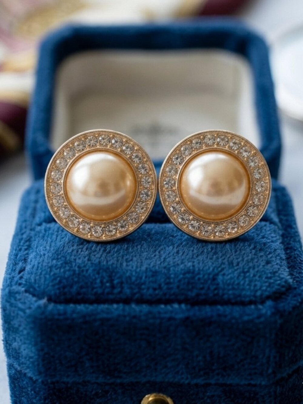 Gold-Plated Pearl & Rhinestone Halo Stud Earrings